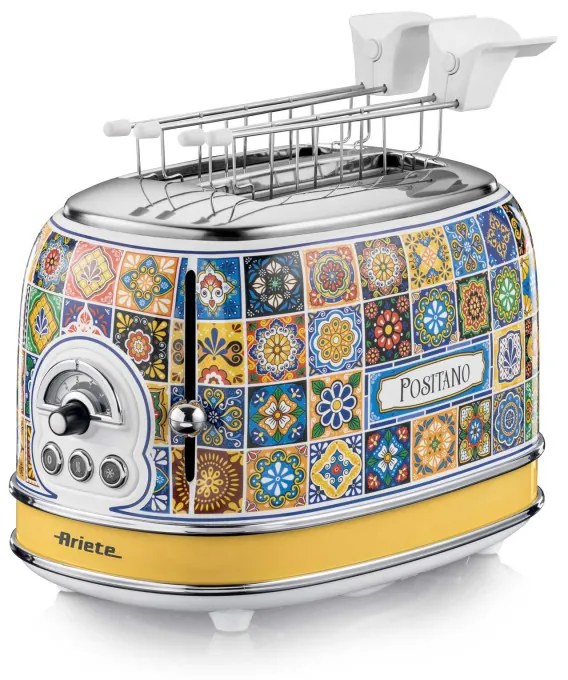 Prajitor de paine Ariete Positano 0155/0P, 810W, 2 felii, 3 functii, 6 trepte, Tava firimituri detasabila, Alb/Galben