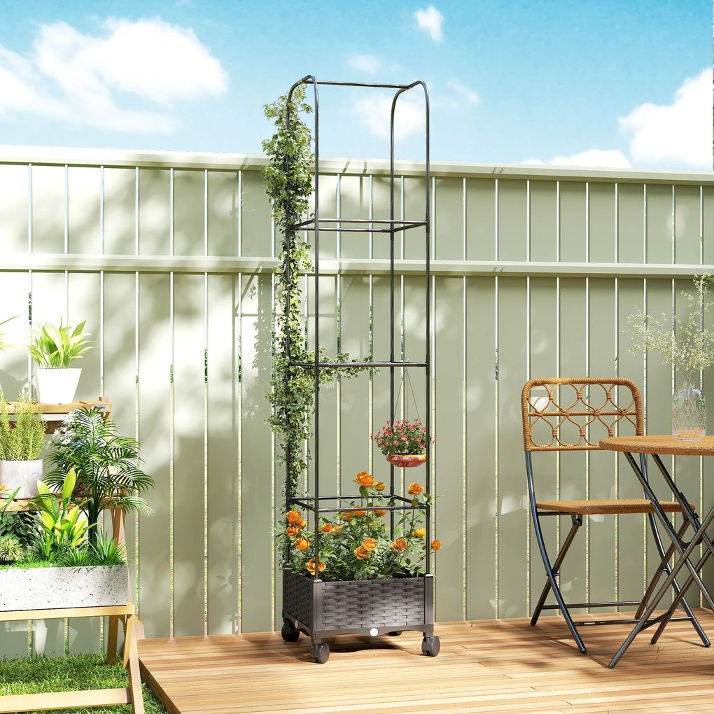 Outsunny Jardinieră Înălțată Autoirigantă din Metal cu Spalier de 185 cm, cu 4 Roți Blocabile pentru Plante Cățărătoare, Recipient cu Găuri de Drenaj pentru Legume și Flori, Negru | Aosom Romania