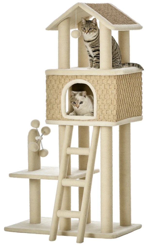 PawHut cu vizuină pentru pisici cu jucării Sisal Plus Khaki + Bej + Cafea | Aosom Romania