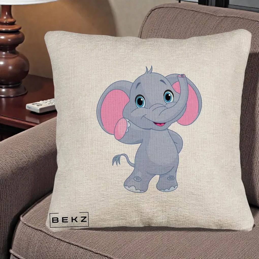 Perna Decorativa Pui de Elefant Kawaii, 40x40 cm, Bej Canapea, Husa Detasabila, Perna Inclusa, BEKZ®