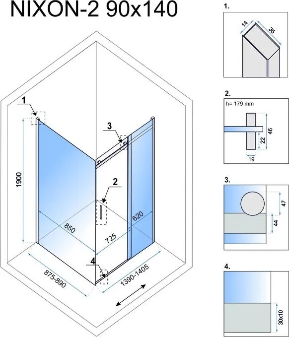 Cabina de dus Rea Nixon deschidere stanga 140x90 cm crom
