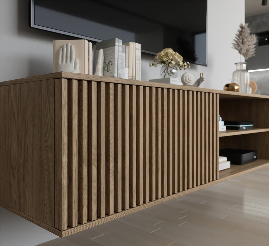 OFERTA Comoda TV de perete ENTSIAN 150x40cm, stejar artisan II. calitate