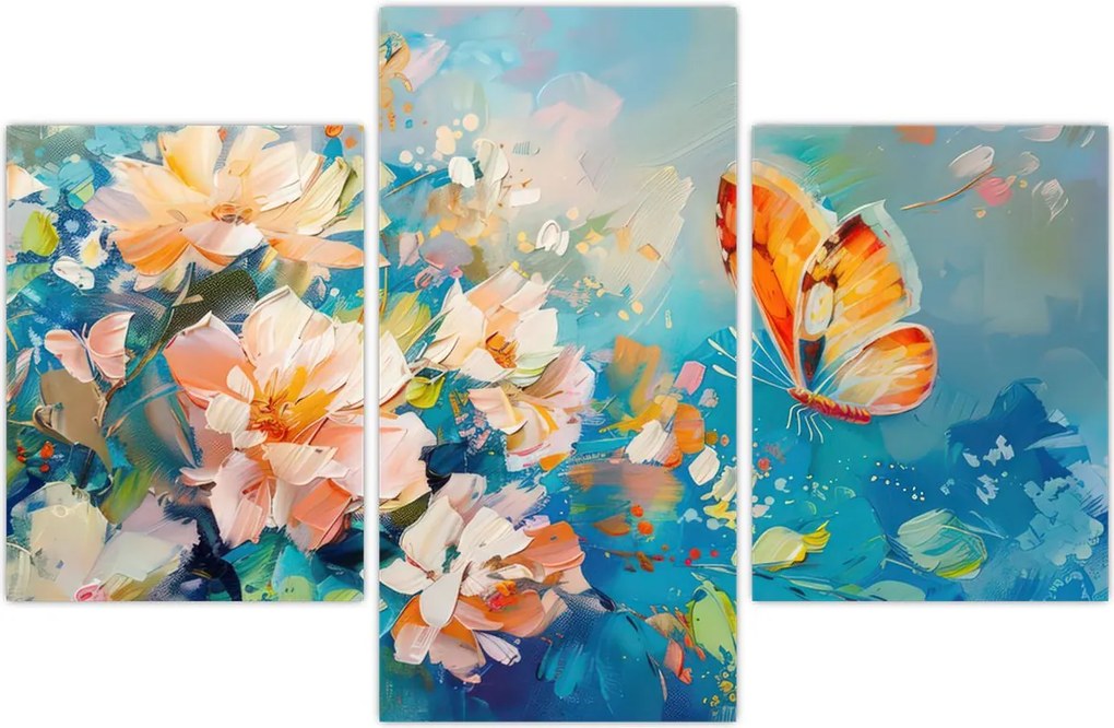 Tablou - Fluture și flori, pictură în ulei II. (90x60 cm)