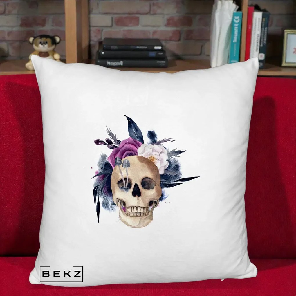 Perna Decorativa Craniu Floral cu Trandafiri si Ciuperci, 40x40 cm, Alb Pufos, Husa Detasabila, Perna Inclusa, BEKZ®