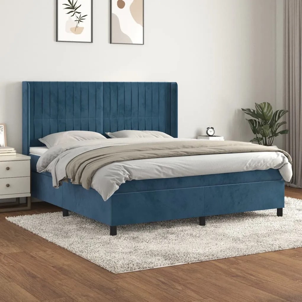 Pat box spring cu saltea, albastru inchis, 160x200 cm, catifea Albastru inchis, 160 x 200 cm, Benzi verticale