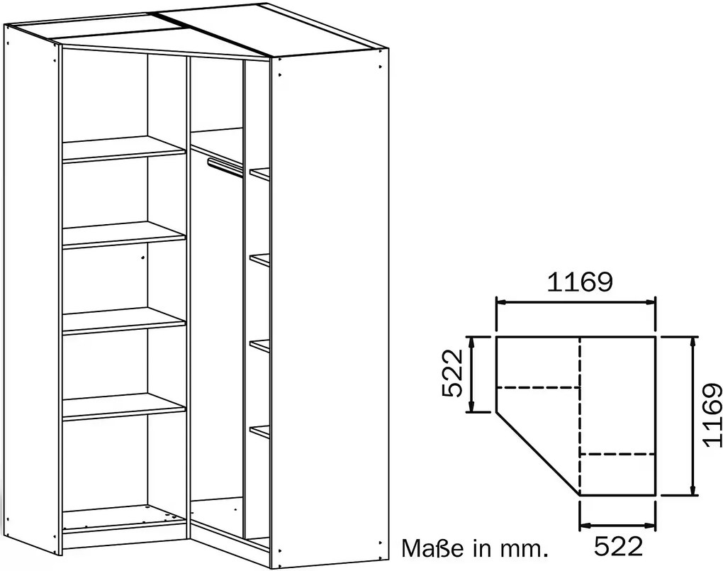 Dulap pe colț 117/117 cm, culoare gri antracit, oglindă pe mijloc, 199 cm înălțime