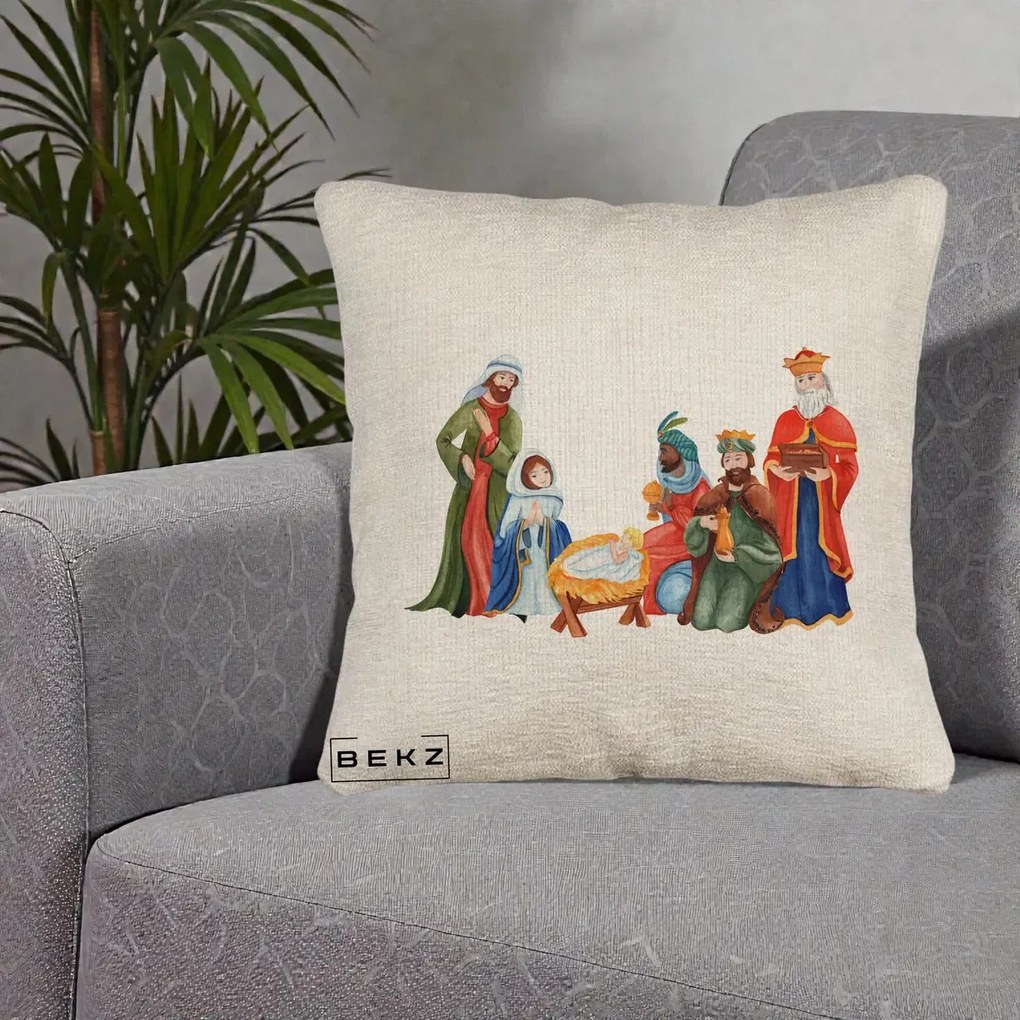 Perna Decorativa Nasterea Domnului Cei Trei Magi Acuarela, 40x40 cm, Bej Canapea, Husa Detasabila, Perna Inclusa, BEKZ®