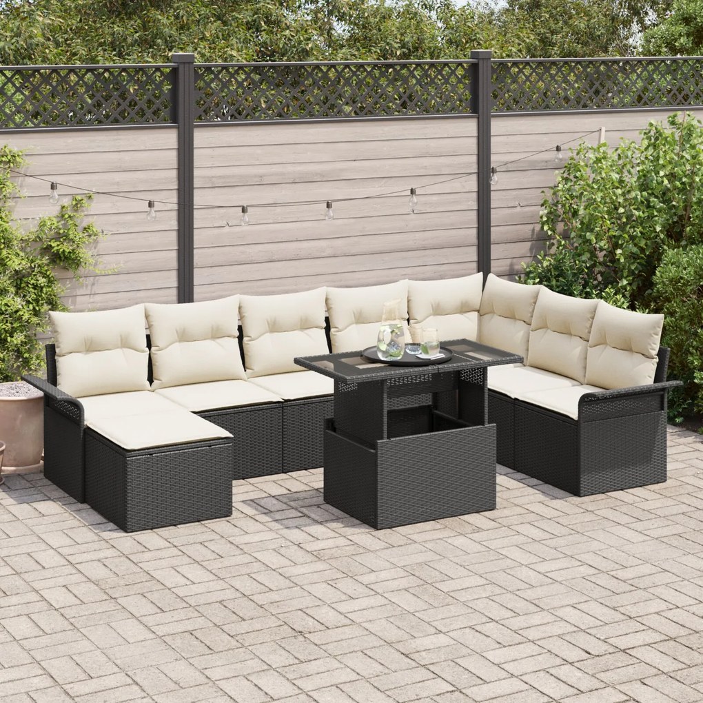 vidaXL Set de canapele de grădină cu 9 piese, cu perne, Negru, Ratan Polimeric