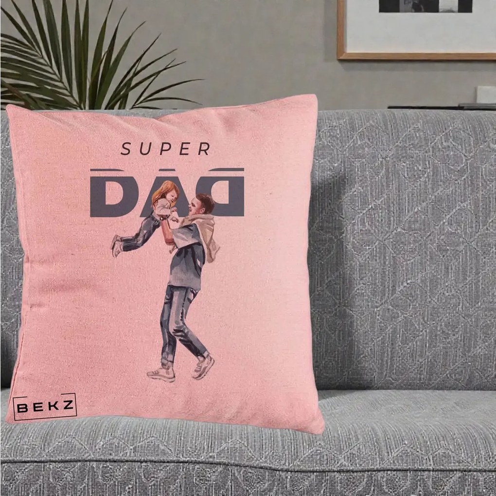 Cadou pentru Tata - Perna Personalizata Super DAD Tata si Fiica, 40x40 cm, Roz, Husa Detasabila, Perna Inclusa, BEKZ®
