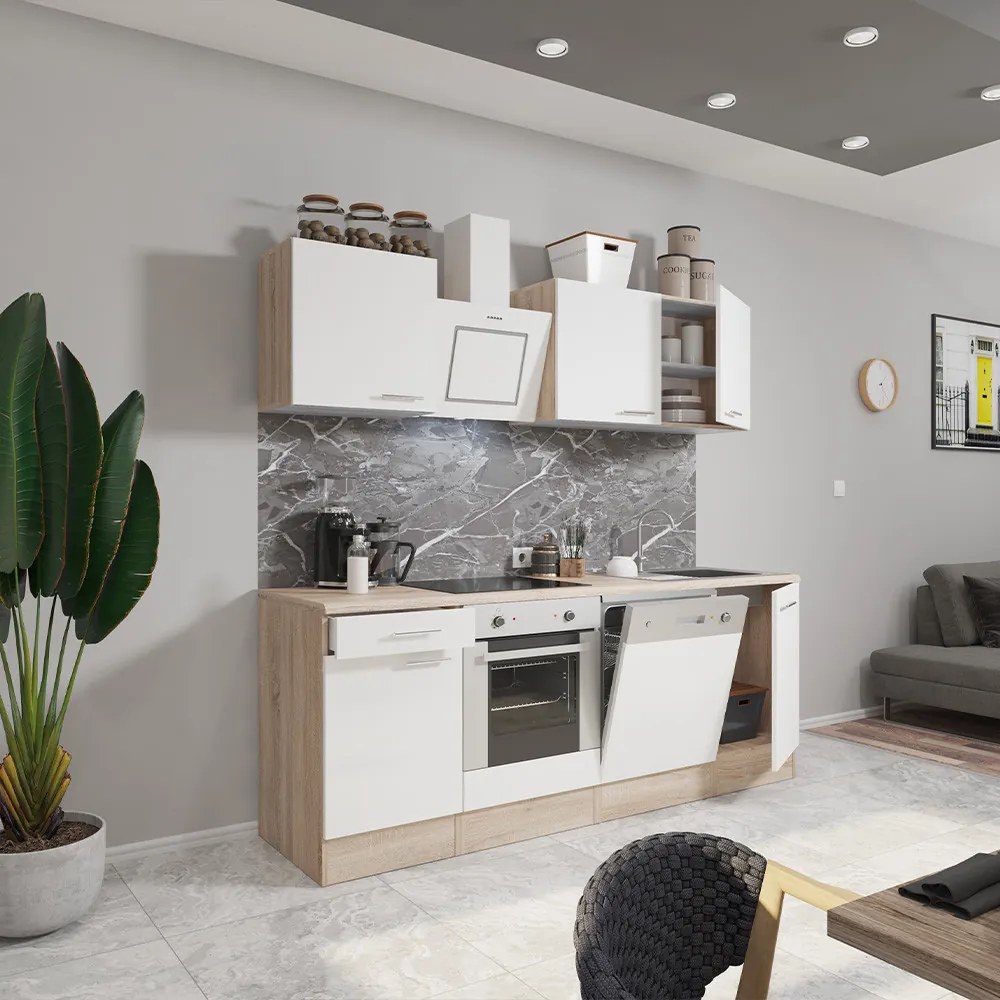 Mobilă de bucătărie Yorki 220, corp din stejar sonoma, față alb satinat cu element inferior al cuptorului