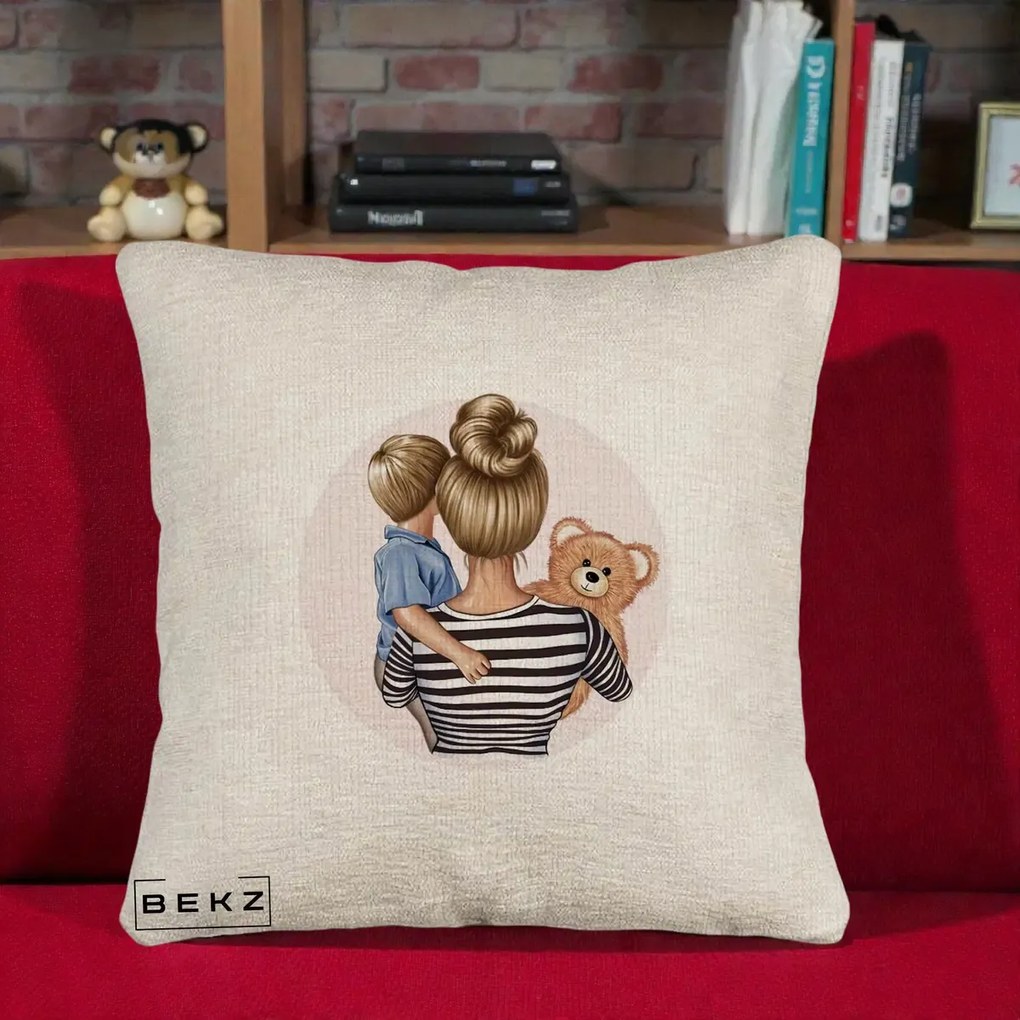 Cadou pentru Mama - Perna Personalizata Mama si Baietelul cu Ursulet, 40x40 cm, Bej Canapea, Husa Detasabila, Perna Inclusa, BEKZ®