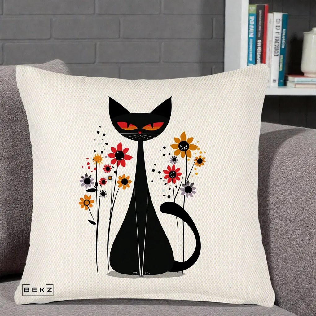 Perna Decorativa Pisica Neagra Ochi Rosii Flori, 40x40 cm, Crem Reliefat, Husa Detasabila, Perna Inclusa, BEKZ®