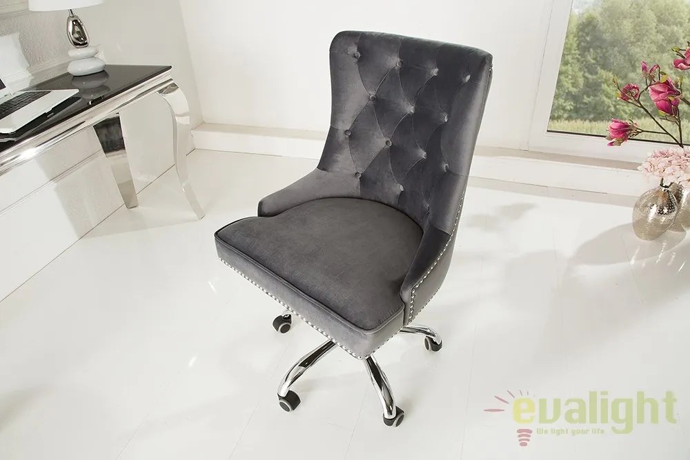 Scaun de birou elegant Victorian, catifea gri argintiu
