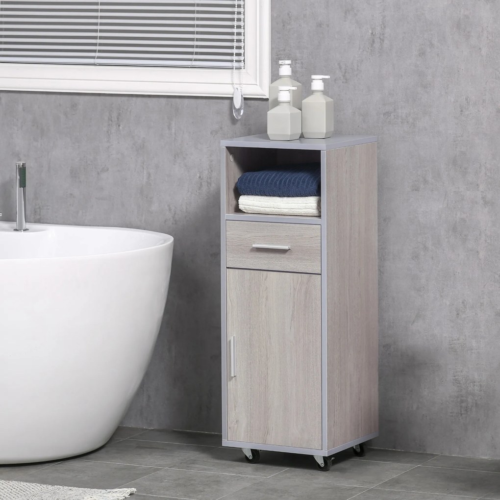 KLEANKIN Mobilier pentru baie inaltat din MDF, 30x32x87cm, Gri si Lemn