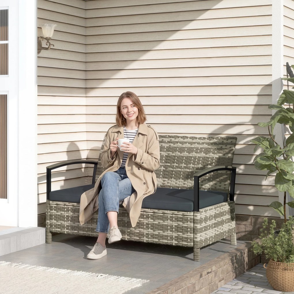 Outsunny Bancă cu depozitare 2 locuri bancă cu perne și mânere 125 L Poly Rattan 123 x 70 x 82 cm Gri închis | Aosom Romania