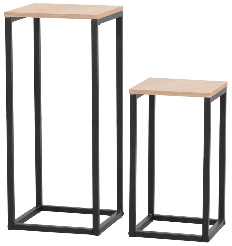 Set Masute Pentru Flori Tide, 26x26x60 cm  + 22x22x 40 cm, Structura Metalica,  Negru/Stejar