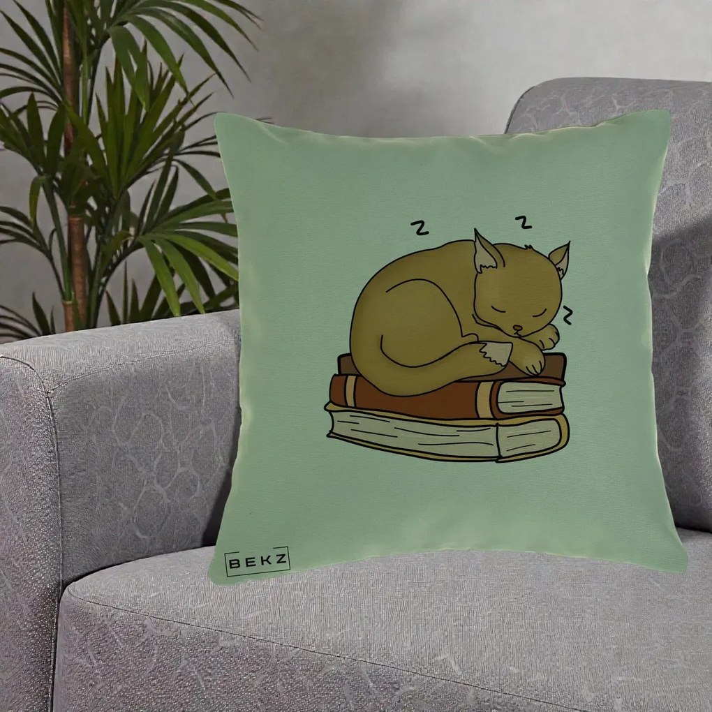 Perna Decorativa Pisica Adormita pe Carti, 40x40 cm, Verde, Husa Detasabila, Perna Inclusa, BEKZ®