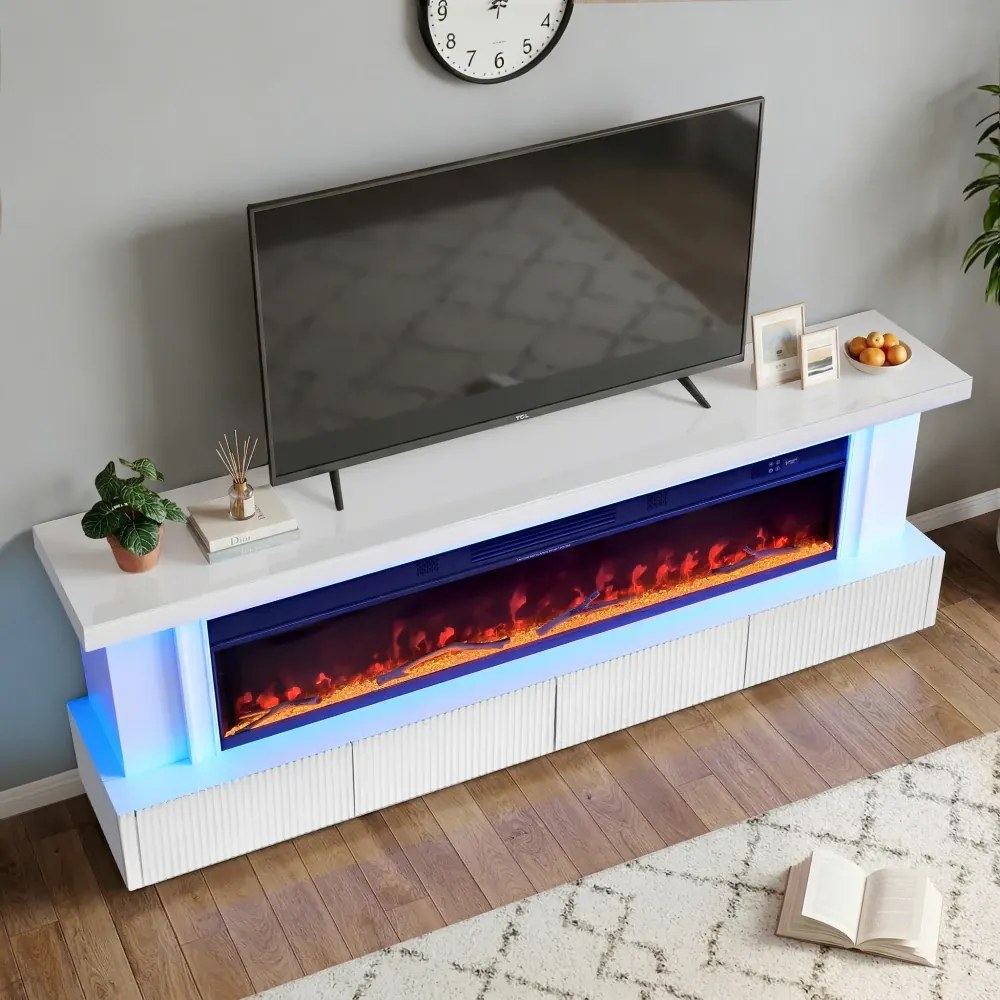 Șemineu Electric cu Flacără LED în 7 Culori, Comodă TV, Încălzire, Bluetooth, Difuzoare Integrate, Iluminare LED Ambientală, Telecomandă, MDF, Finisaj Alb Oglindă
