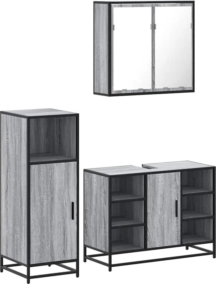 vidaXL Set mobilier de baie, 3 piese, gri sonoma, lemn prelucrat