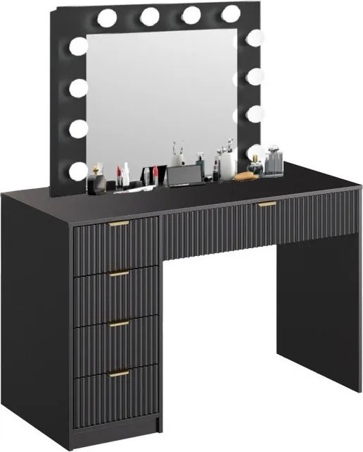 Masuta machiaj cu Oglinda LED si 5 Sertare pentru Cosmetice, Set Masa toaleta 120 cm, Alb, masuta cosmetica, vanity - SEN22