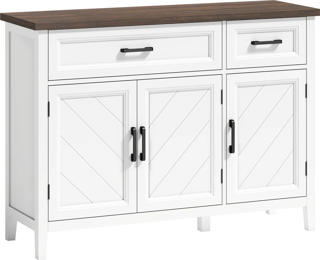 HOMCOM Bufet pentru living, mobilier de depozitare cu 3 uși cu model chevron, 2 sertare și 2 rafturi reglabile, 110 x 35 x 80,5 cm, alb | Aosom Romania