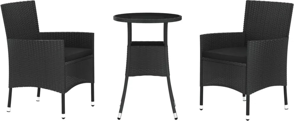 vidaXL Set bistro de grădină cu perne, 3 piese, negru, poliratan