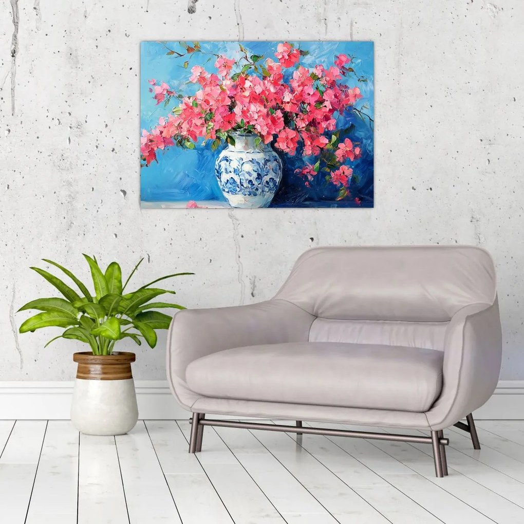 Tablou pe sticlă - Vază cu flori roz (70x50 cm)