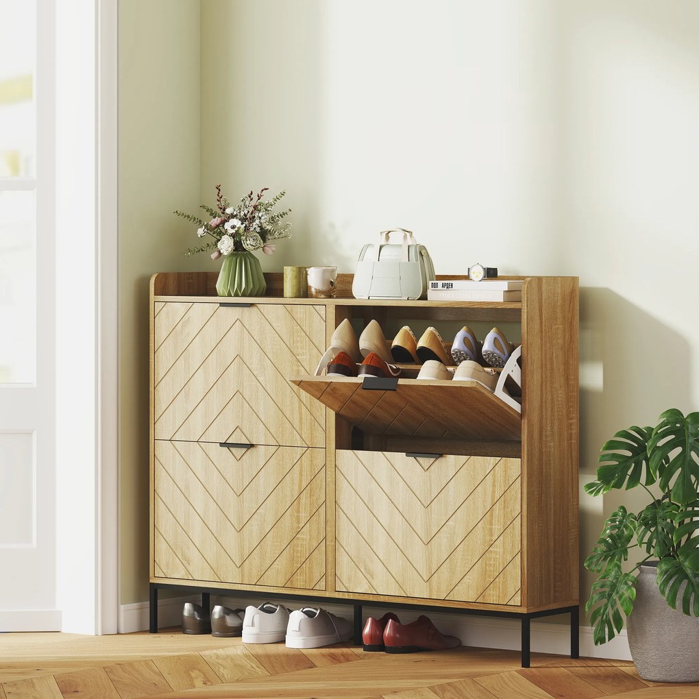 HOMCOM Mobila de pantofi 16 perechi cu 4 sertare, uși rabatabile, rafturi reglabile, 110 x 23,5 x 95,5 cm, stejar | Aosom Romania