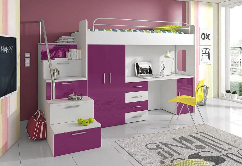 Supermobel Pat supraetajat pentru copii RAJ IVs COLOR, 80x200, orientare universale, alb/gri luciu