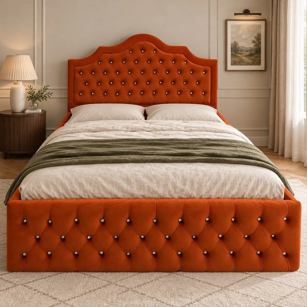 Pat tapițat Chesterfield din catifea Imperio Deluxe 180×200 cm, cărămiziu, cu ladă de depozitare