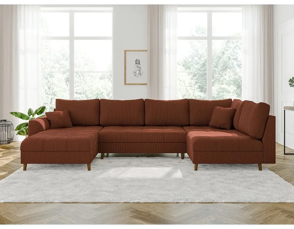 Colțar cărămiziu cu tapițerie din catifea reiată (cu colț pe partea stângă ) Ariella – Ropez