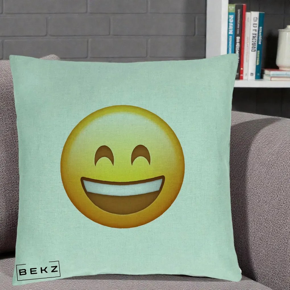Perna Decorativa Emoji Zambet Mare, 40x40 cm, Verde Menta, Husa Detasabila, Perna Inclusa, BEKZ®