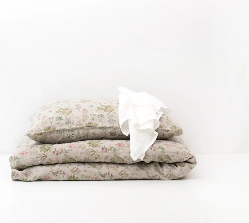 Lenjerie de pat din in pentru copii Linen Tales Botany, 70 x 100 cm, bej