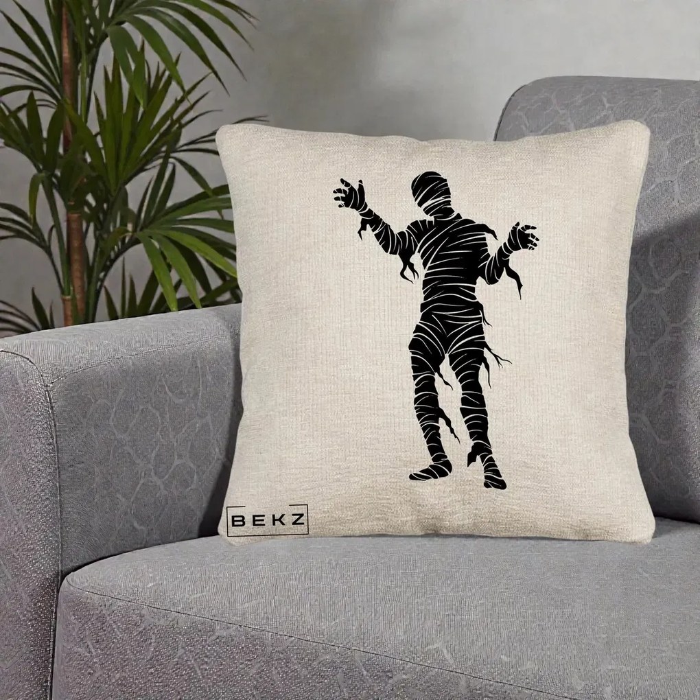 Perna Decorativa Mormii Infricosat Silueta Neagra Halloween, 40x40 cm, Bej Canapea, Husa Detasabila, Perna Inclusa, BEKZ®