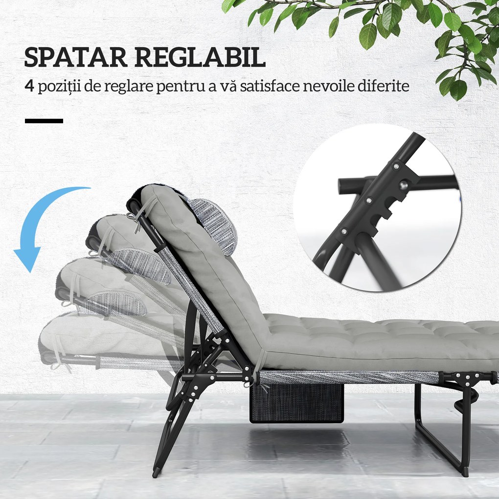 Outsunny Sezlong pliabil cu spatar inclinabil pe 4 nivele, Scaun de plaja pentru exterior cu perna, buzunar lateral,tetiera, Gri