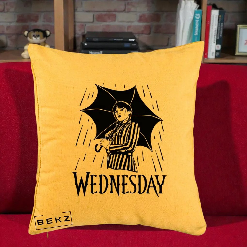 Perna Personalizata Wednesday cu Umbrela Ploaie Lineart, 40x40 cm, Galben, Husa Detasabila, Perna Inclusa, BEKZ®