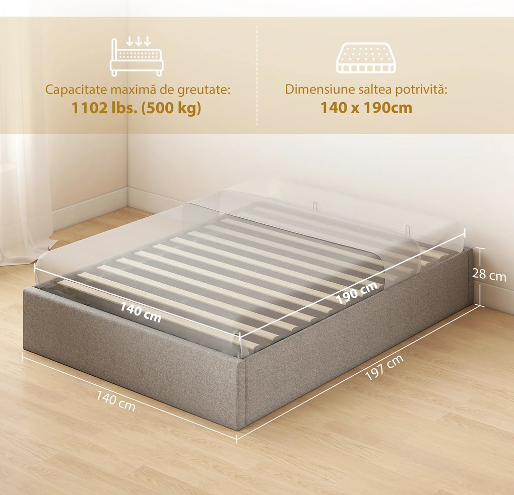 HOMCOM Cadru Pat Matrimonial 140x190 cm, Pat cu Spațiu de Depozitare, Pistoane cu Gaz, Lamele din Lemn, Fără Saltea, Silențios, Ușor de Montat, Înălțime 28 cm, Gri | Aosom Romania