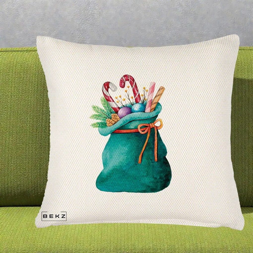 Perna Decorativa Saculet Cadouri Mos Craciun Acuarela Verde, 40x40 cm, Crem Reliefat, Husa Detasabila, Perna Inclusa, BEKZ®