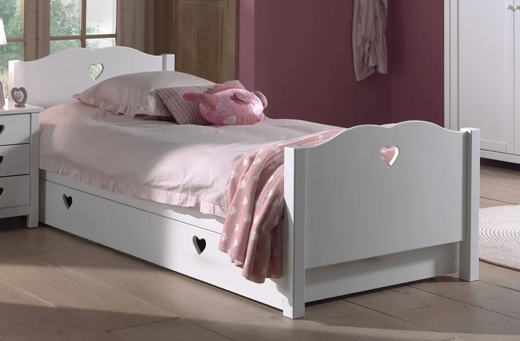 Pat Individual AMORI pentru Copii, 90x200 cm, Alb (Pin Masiv și MDF), Design Romantic, cu Sertar Multifuncțional – Vipack