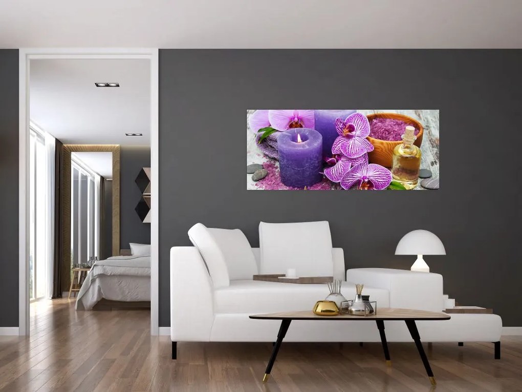 Tablou cu orhidee și lumănări (120x50 cm)