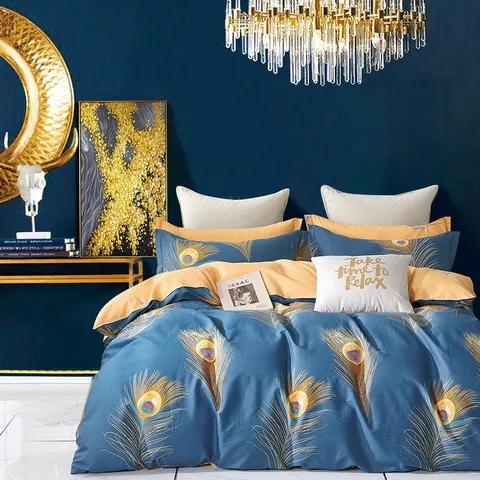 Lenjerie de pat albastră din bumbac, cu un motiv de pană de păun 4 părți: 1buc 160 cmx200 + 2buc 70 cmx80 + cearșaf de pat