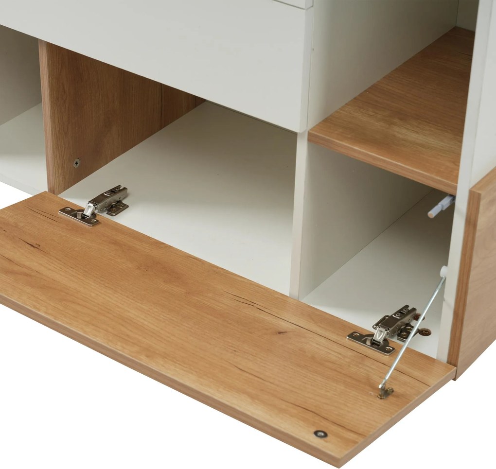 Comodă modernă cu spațiu de depozitare, alb lucios și aspect de lemn, 130x40x70 cm, Alb