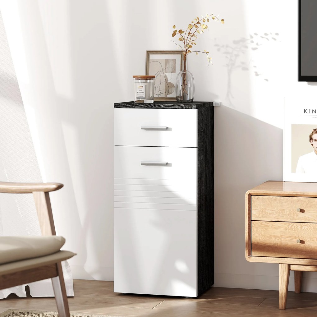 kleankin Dulap Baie din Lemn cu Sertar și Rafturi, Design Alb și Negru | Aosom Romania
