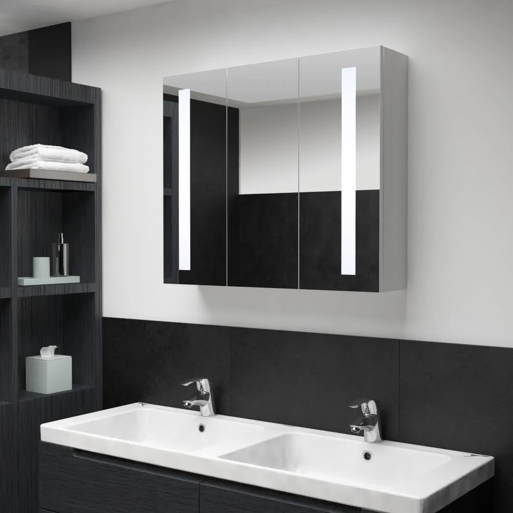 Dulap de baie cu oglinda si LED, 89 x 14 x 62 cm alb si argintiu, 89 x 14 x 62 cm