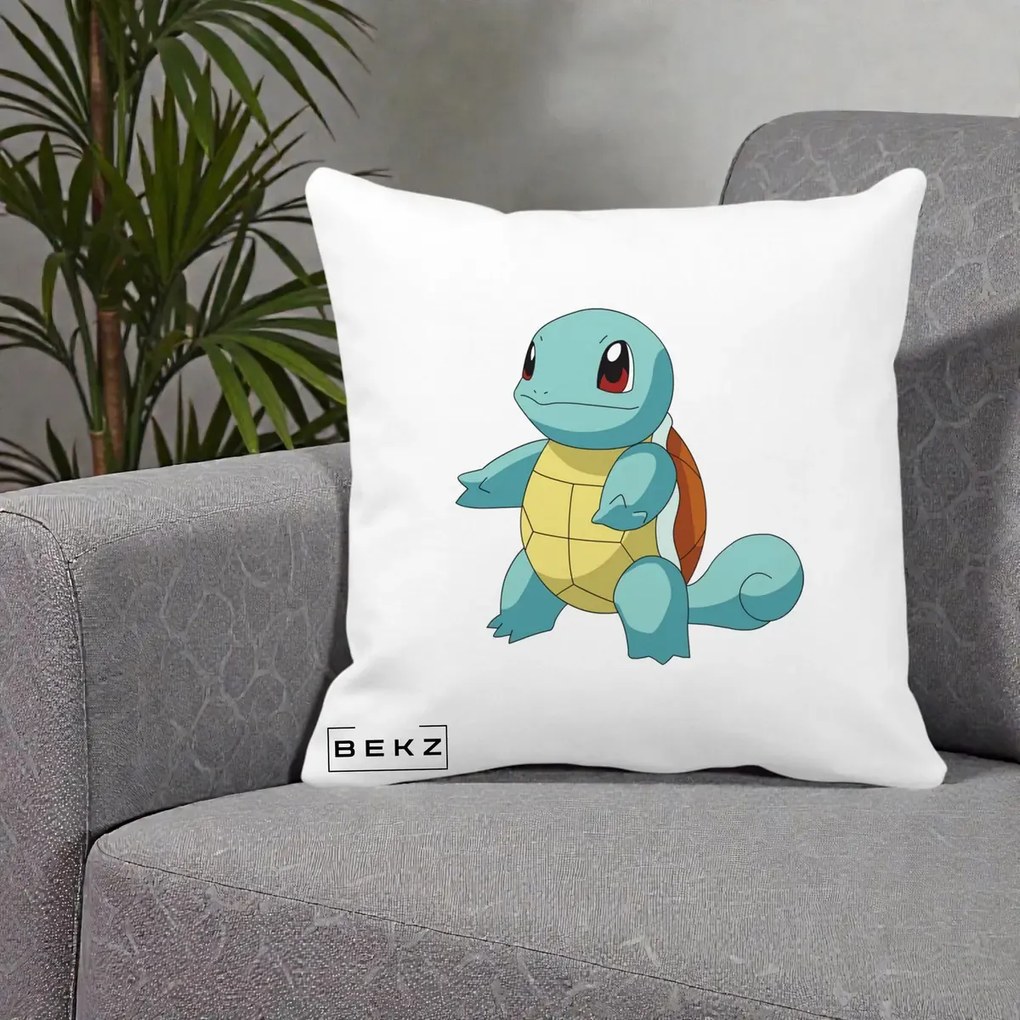 Perna Personalizata Squirtle Pokemon, 40x40 cm, Alba Mata, Husa Detasabila, Perna Inclusa, BEKZ®