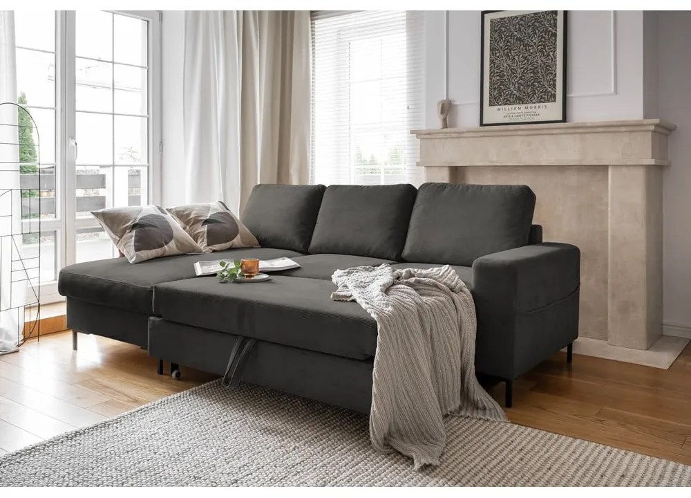 Colțar gri închis extensibil cu tapițerie din catifea reiată (cu colț pe partea stângă ) Lofty Lilly – Miuform