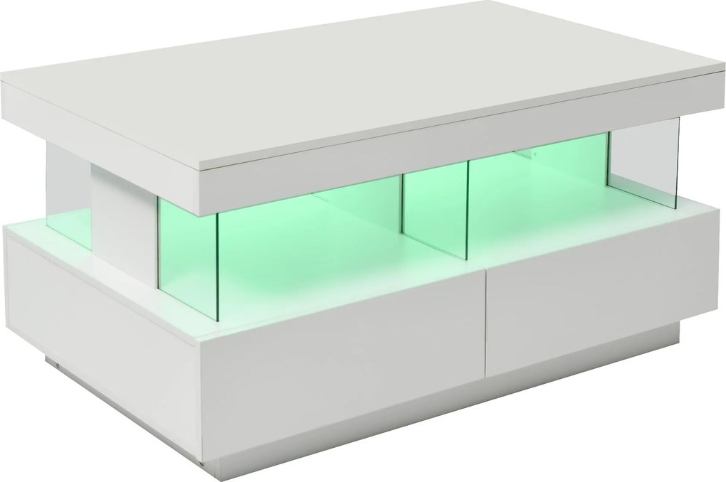 Masă de cafea modernă cu finisaj lucios, iluminare LED, 2 sertare, 100x60x49,5 cm, Alb