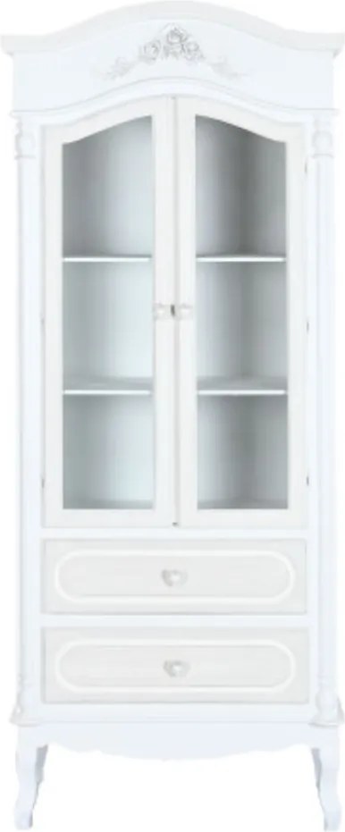 Vitrină shabby chic din lemn, alb, cu 2 uși vitrate, 3 rafturi, 2 sertare și decor cu trandafiri, finisaj patinat, 193 x 76 x 39 cm, „Magnolia”