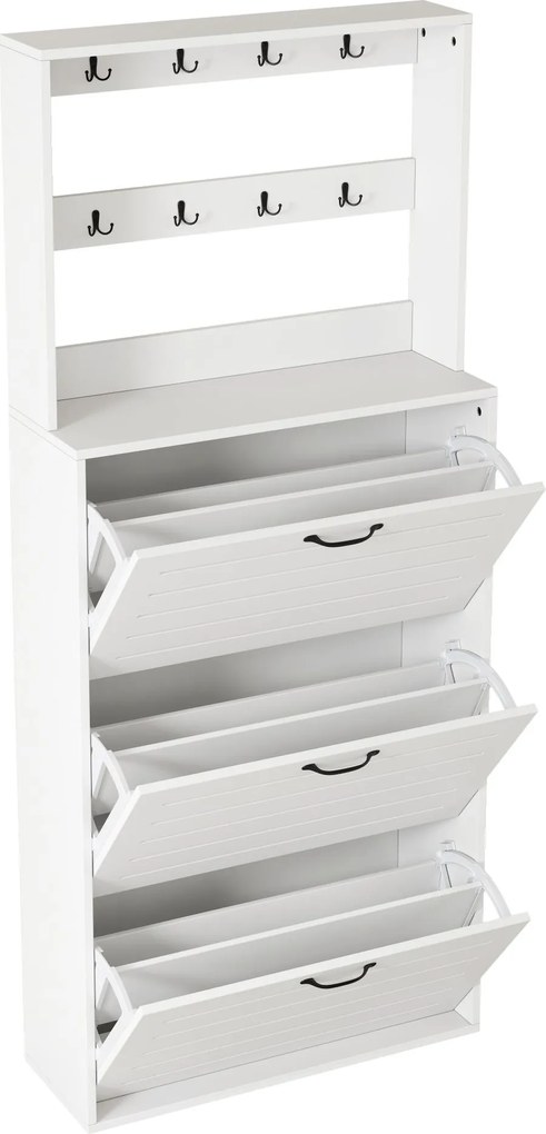 Dulap pentru pantofi cu 3 uși, raft pentru pantofi cu cârlige, 70x25x165 cm, Alb