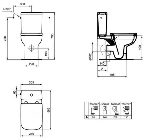 Rezervor pe vas WC Ideal Standard I.life A cu alimentare laterala alb lucios